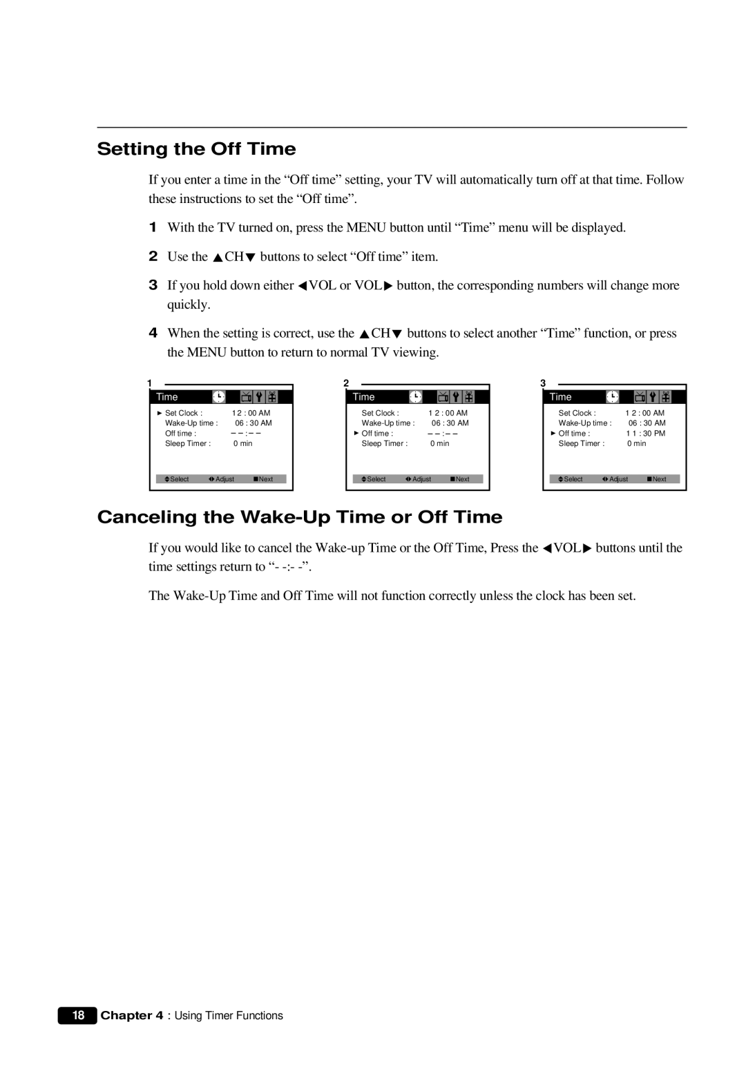 Daewoo DTQ 13V6FCB, DTQ 13V6FCP, DTQ 14U5SC, DTQ 19V6FCB Setting the Off Time, Canceling the Wake-Up Time or Off Time 