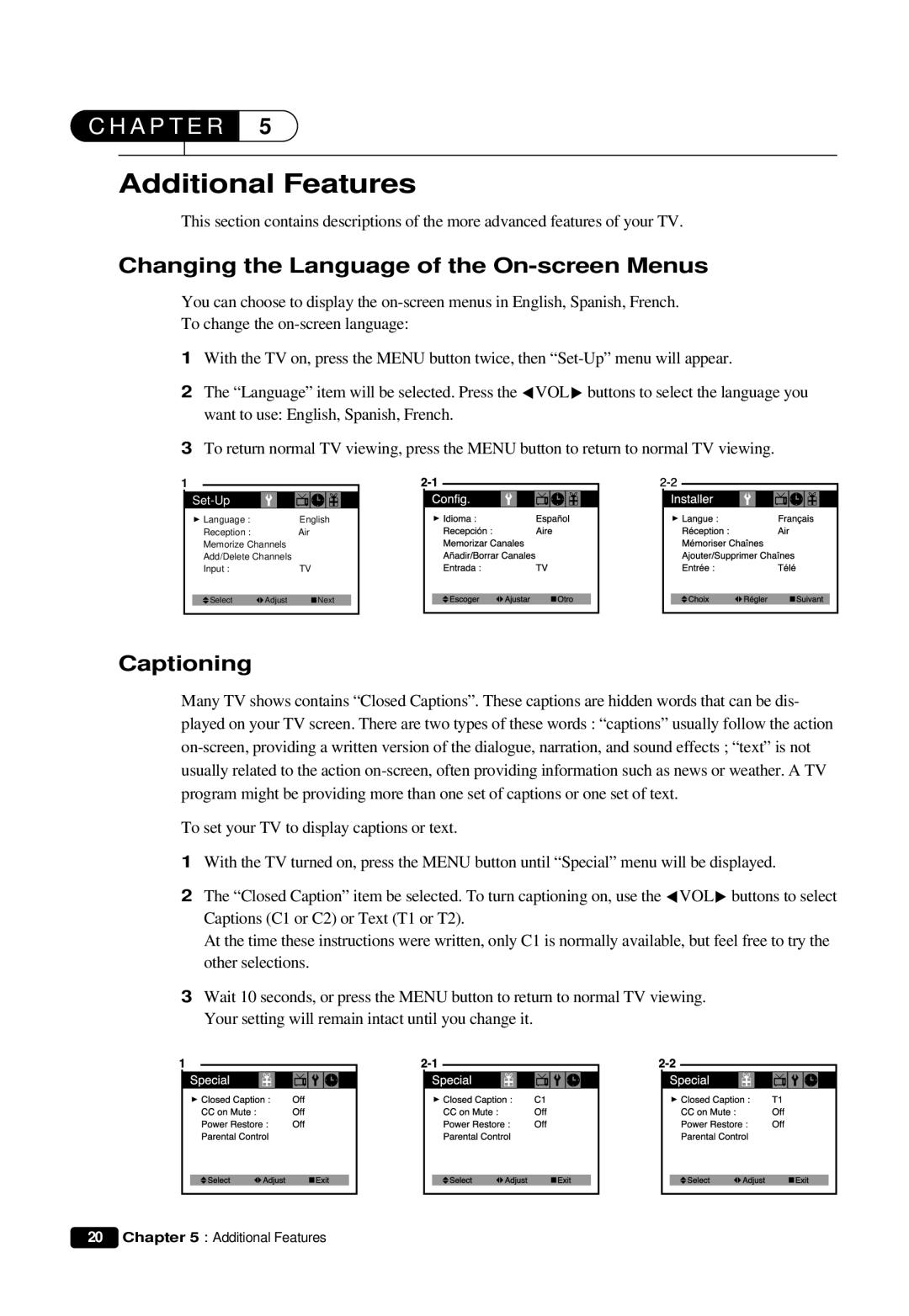 Daewoo DTQ 19V6FCB, DTQ 13V6FCP, DTQ 13V6FCB Additional Features, Changing the Language of the On-screen Menus, Captioning 