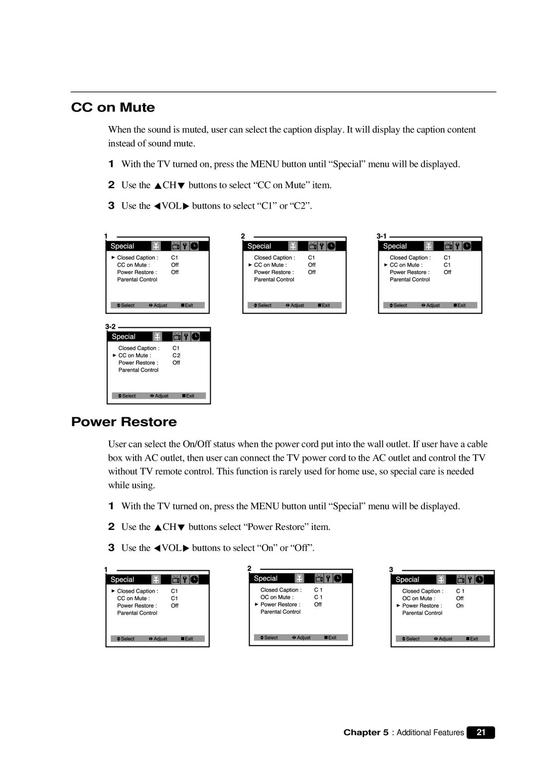 Daewoo DTQ 19V6FCP, DTQ 13V6FCP, DTQ 13V6FCB, DTQ 14U5SC, DTQ 19V6FCB instruction manual CC on Mute, Power Restore 