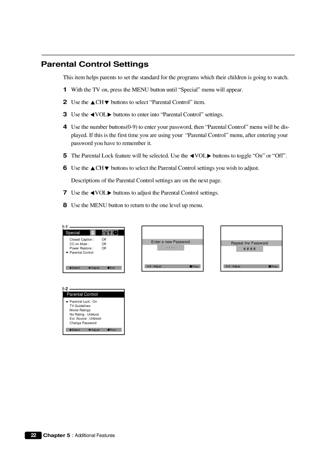 Daewoo DTQ 13V6FCP, DTQ 13V6FCB, DTQ 14U5SC, DTQ 19V6FCB, DTQ 19V6FCP instruction manual Parental Control Settings 