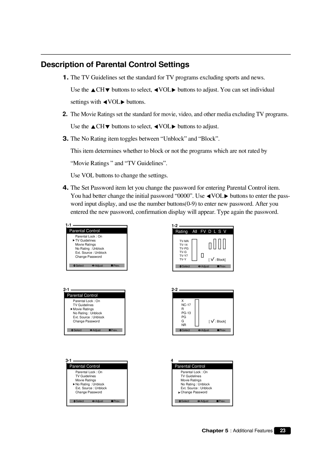 Daewoo DTQ 13V6FCB, DTQ 13V6FCP, DTQ 14U5SC, DTQ 19V6FCB, DTQ 19V6FCP Description of Parental Control Settings 