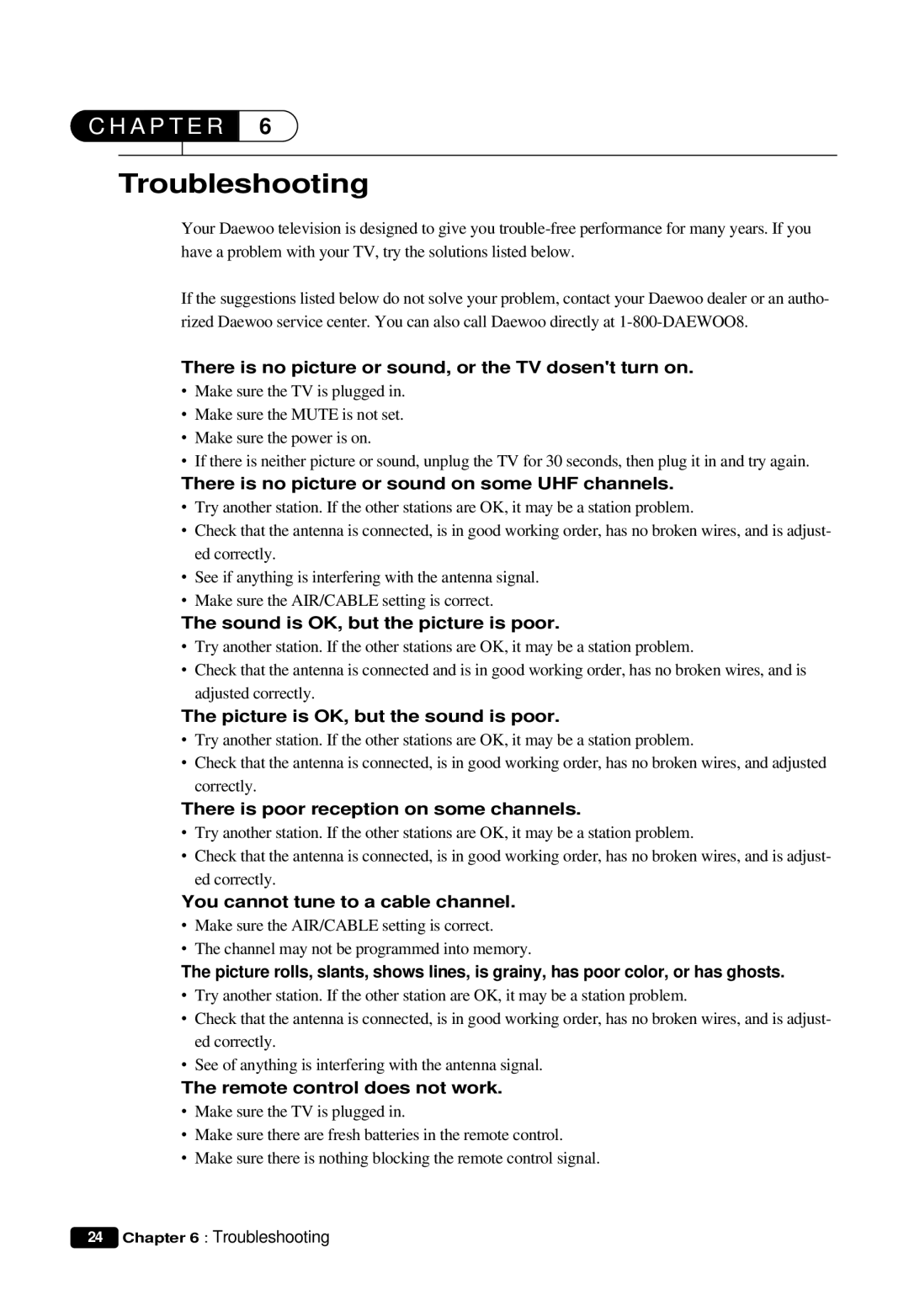 Daewoo DTQ 14U5SC, DTQ 13V6FCP, DTQ 13V6FCB, DTQ 19V6FCB, DTQ 19V6FCP instruction manual Troubleshooting 