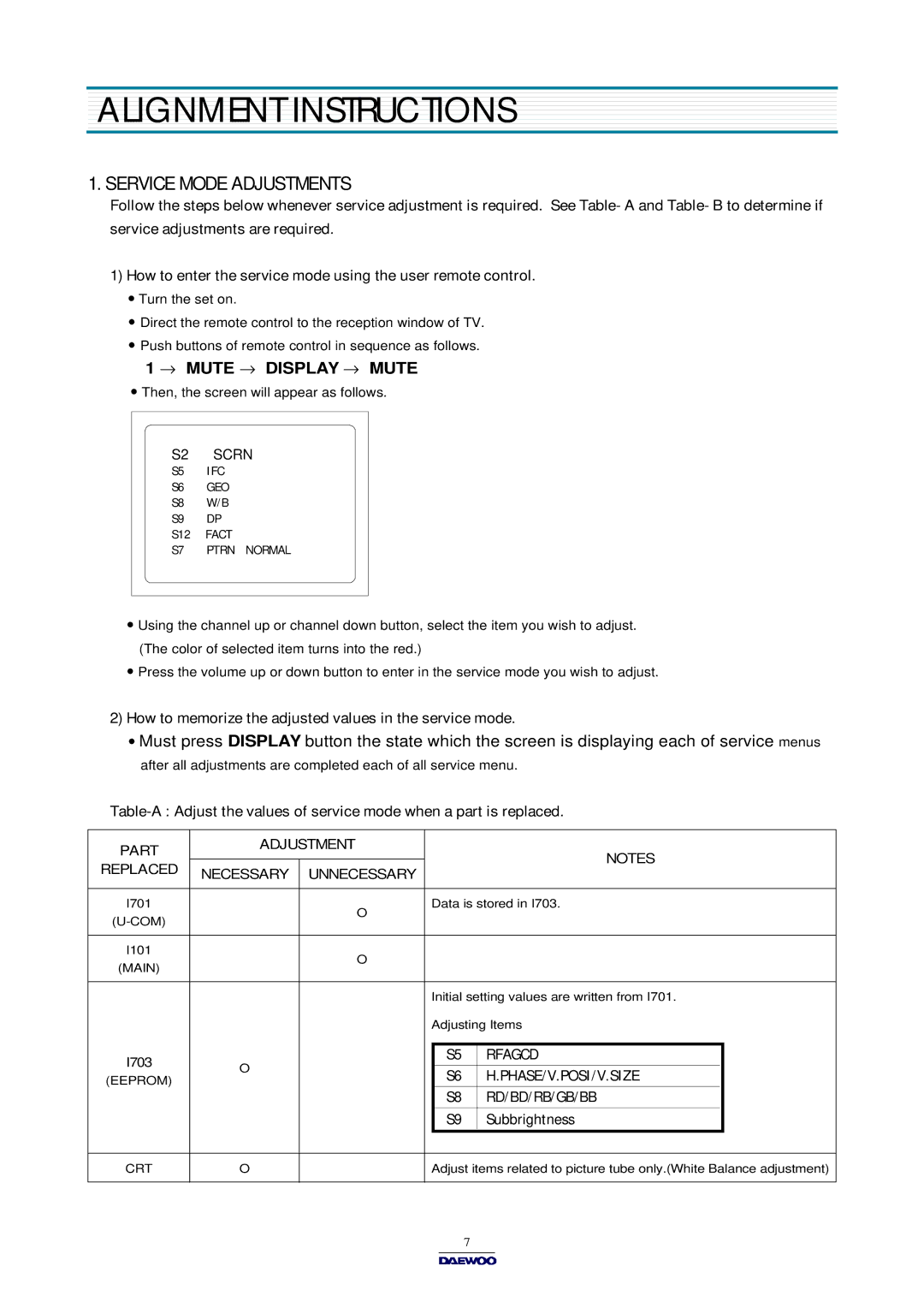 Daewoo DTQ-14V3FS/20V3FS, DTQ-14V1FC/20V1FC, DTQ-14V6NB/14V6NP Alignment Instructions, Service Mode Adjustments 