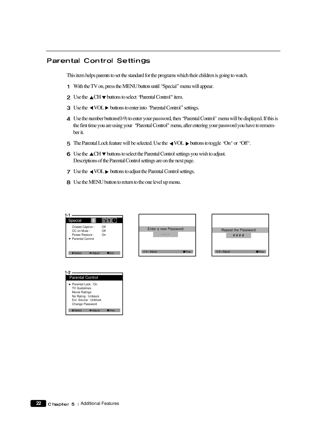 Daewoo DTQ 14V4SCN, DTQ 14V1FCN, DTQ 20V1FCN, DTQ 20V4SCN manual Settings, Ber it, VOL buttons to toggle On or Off 