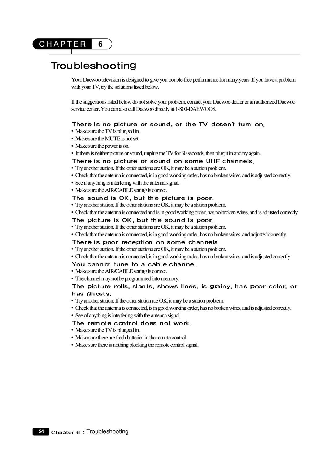 Daewoo DTQ 20V1FCN, DTQ 14V4SCN, DTQ 14V1FCN, DTQ 20V4SCN manual Troubleshooting 