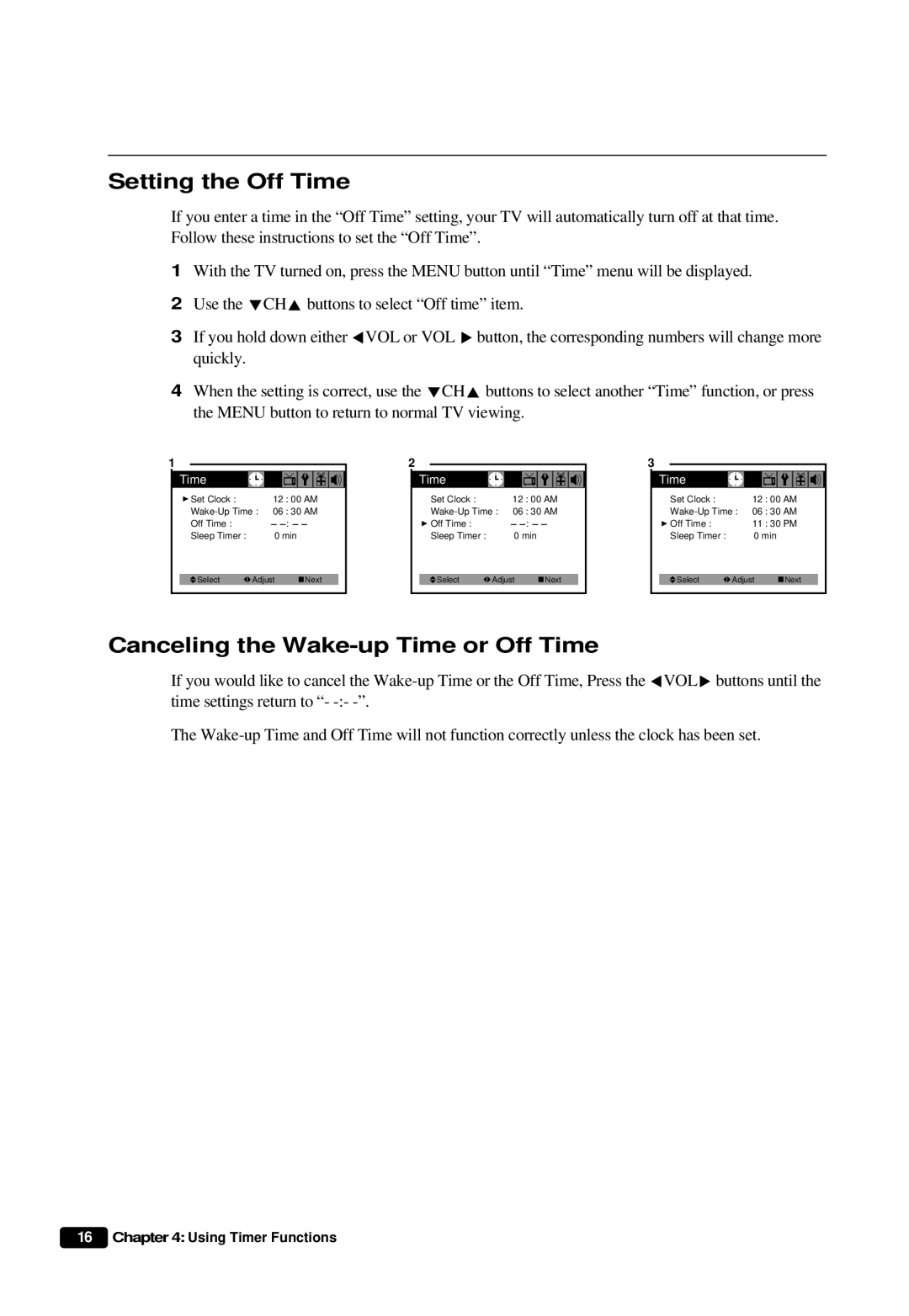 Daewoo DTQ 20U6SC instruction manual Setting the Off Time, Canceling the Wake-up Time or Off Time 