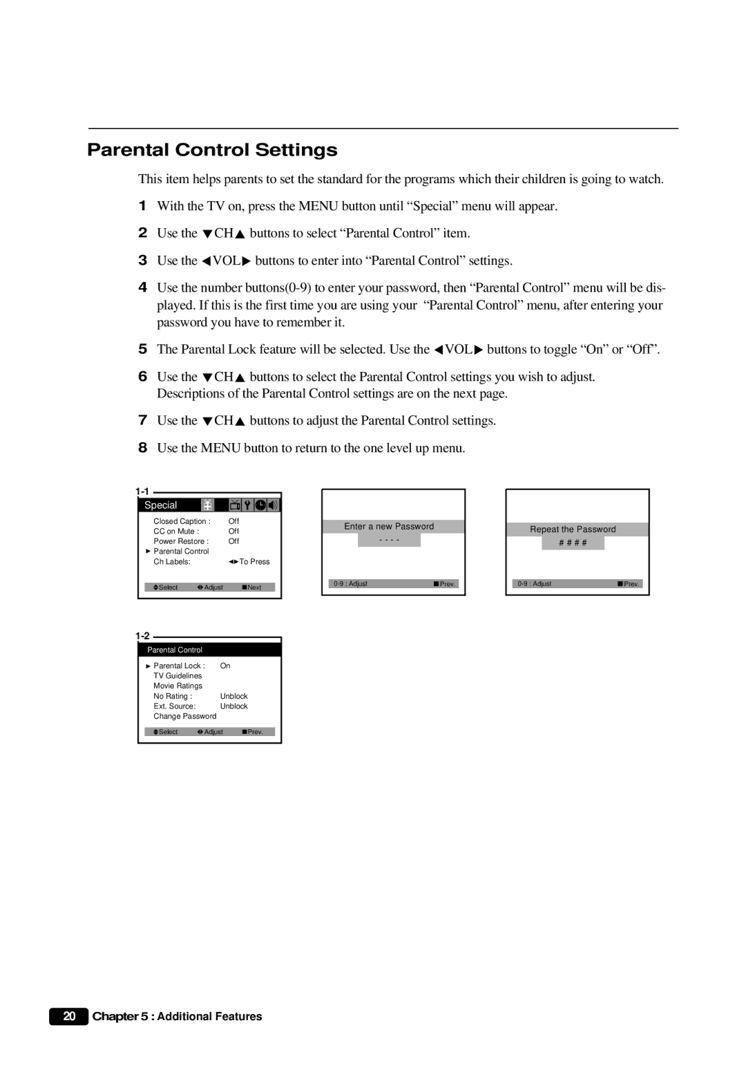 Daewoo DTQ 20U6SC instruction manual Parental Control Settings, Repeat the Password # # # # 