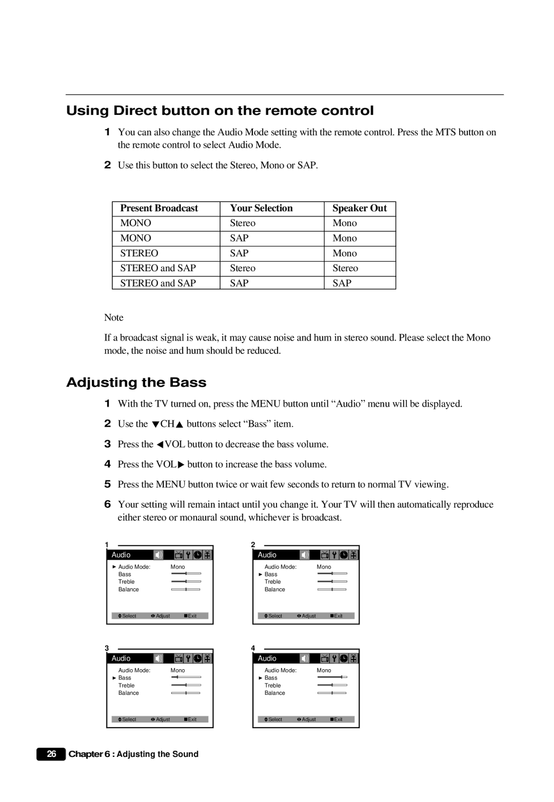 Daewoo DTQ 20U6SC instruction manual Using Direct button on the remote control, Adjusting the Bass 