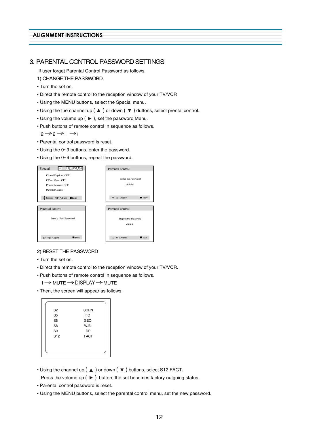 Daewoo DTQ-2133SSFN, DTQ-2133SSN, DTQ-21U4SSN service manual Parental Control Password Settings 