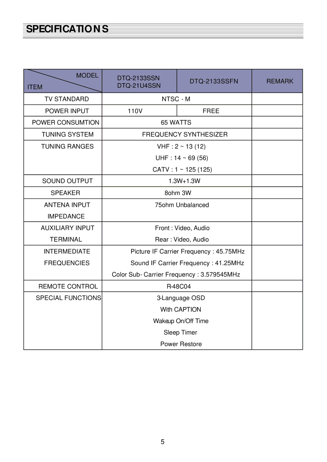 Daewoo DTQ-2133SSN, DTQ-2133SSFN, DTQ-21U4SSN service manual Specifications 