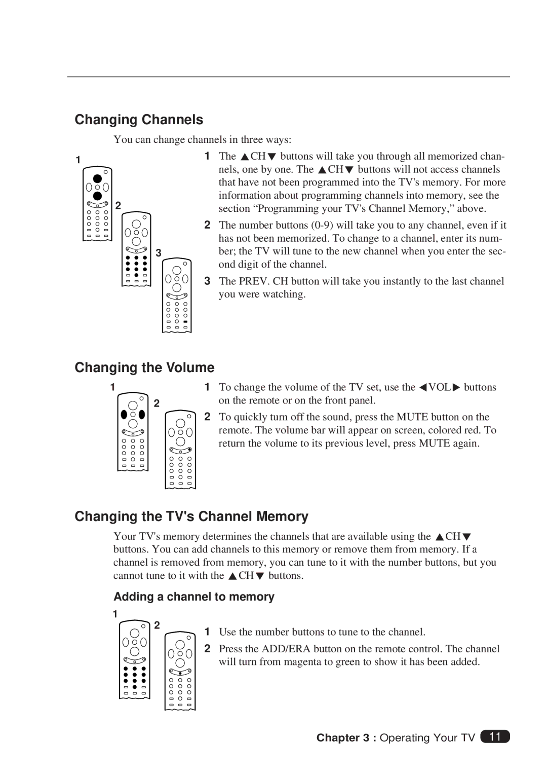 Daewoo DTQ 27S2FCV, DTQ 25S2FCV instruction manual Changing Channels, Changing the Volume, Changing the TVs Channel Memory 