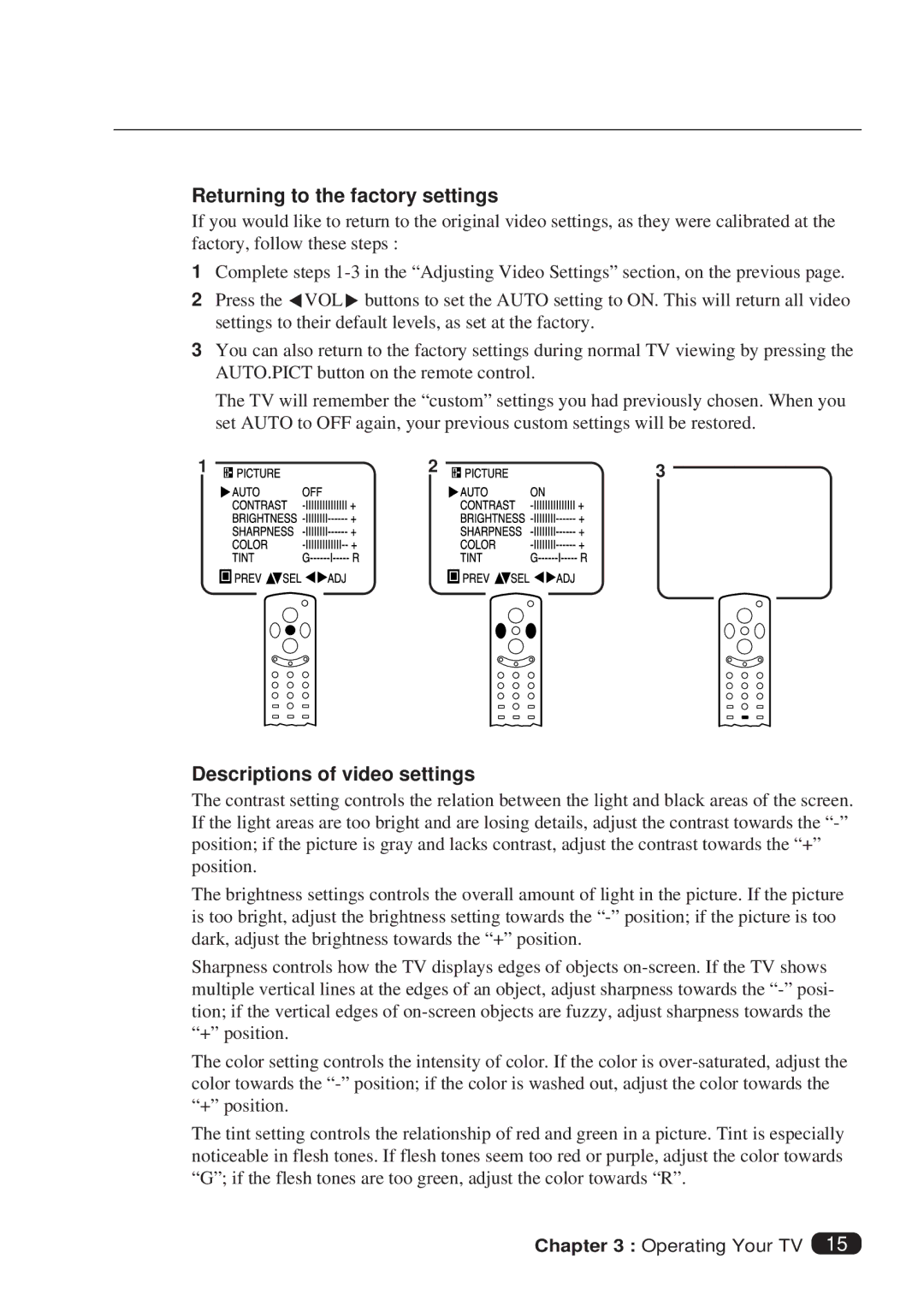 Daewoo DTQ 27S2FCV, DTQ 25S2FCV instruction manual Returning to the factory settings, Descriptions of video settings 