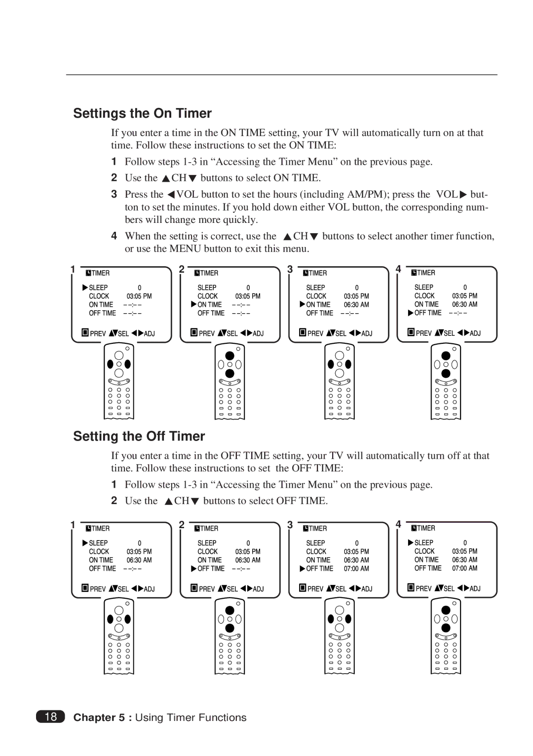 Daewoo DTQ 27S2FCV, DTQ 25S2FCV instruction manual Settings the On Timer, Setting the Off Timer 