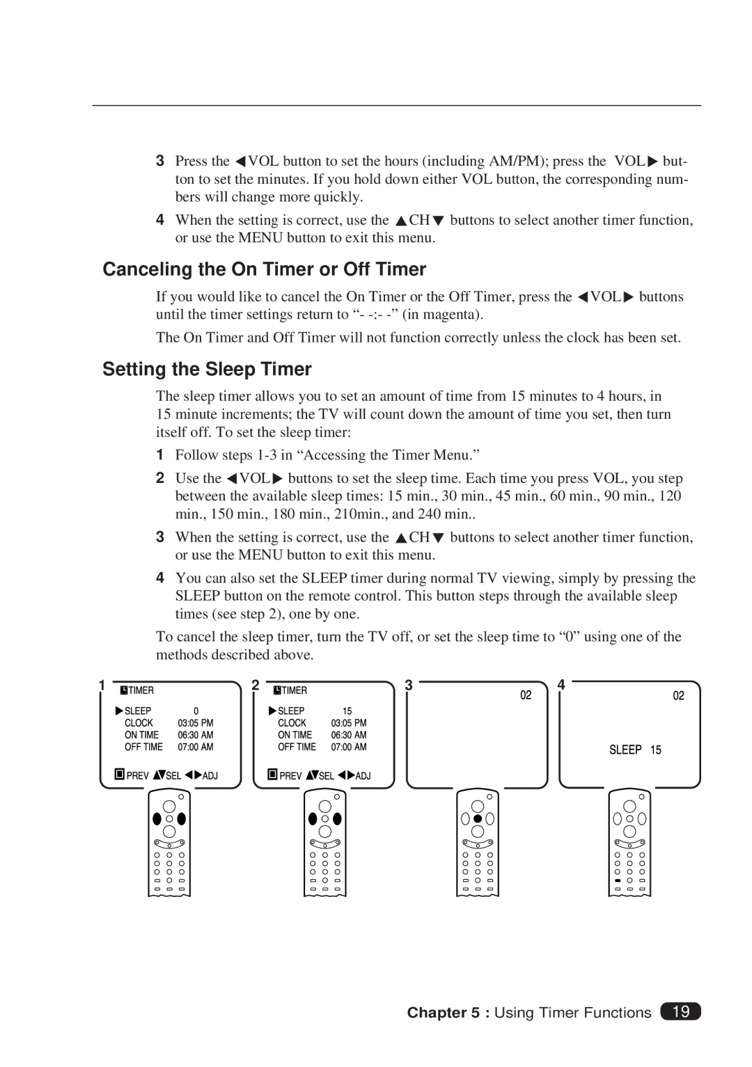 Daewoo DTQ 27S2FCV, DTQ 25S2FCV instruction manual Canceling the On Timer or Off Timer, Setting the Sleep Timer 