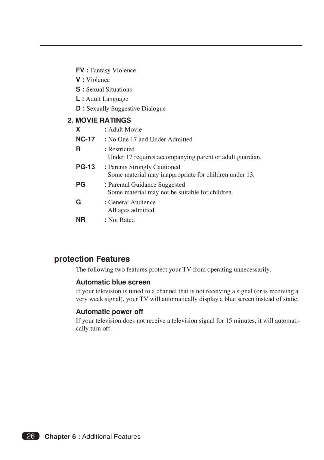 Daewoo DTQ 27S2FCV, DTQ 25S2FCV instruction manual Protection Features, Automatic blue screen, Automatic power off 