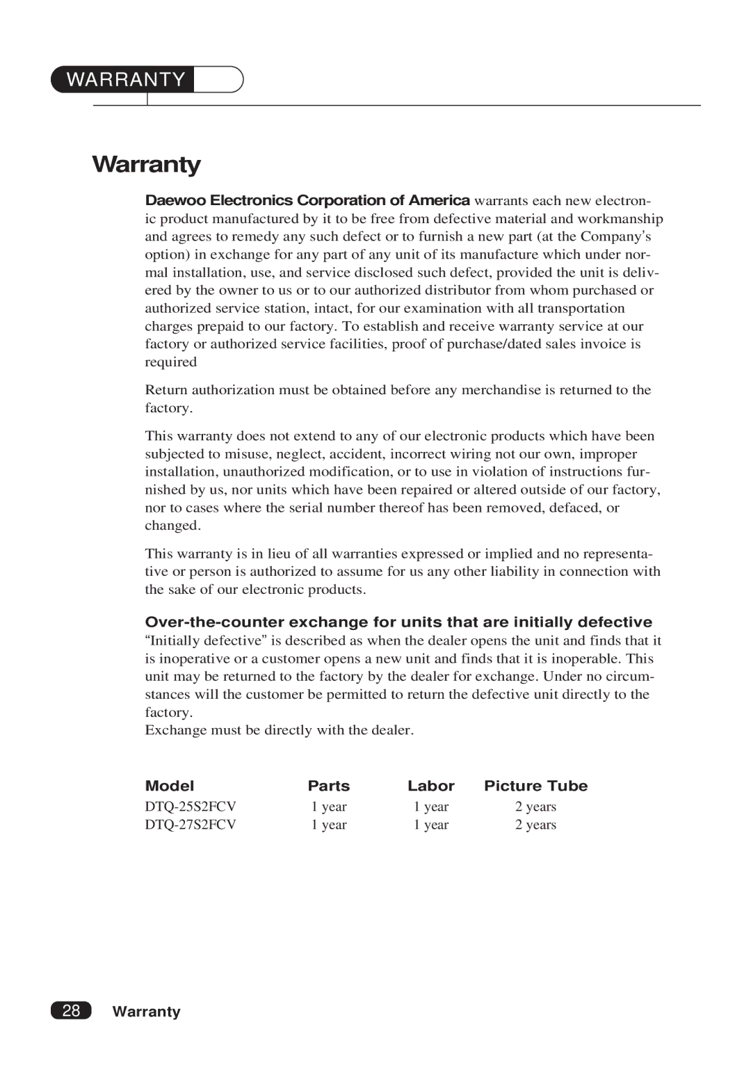 Daewoo DTQ 27S2FCV, DTQ 25S2FCV instruction manual Warranty 