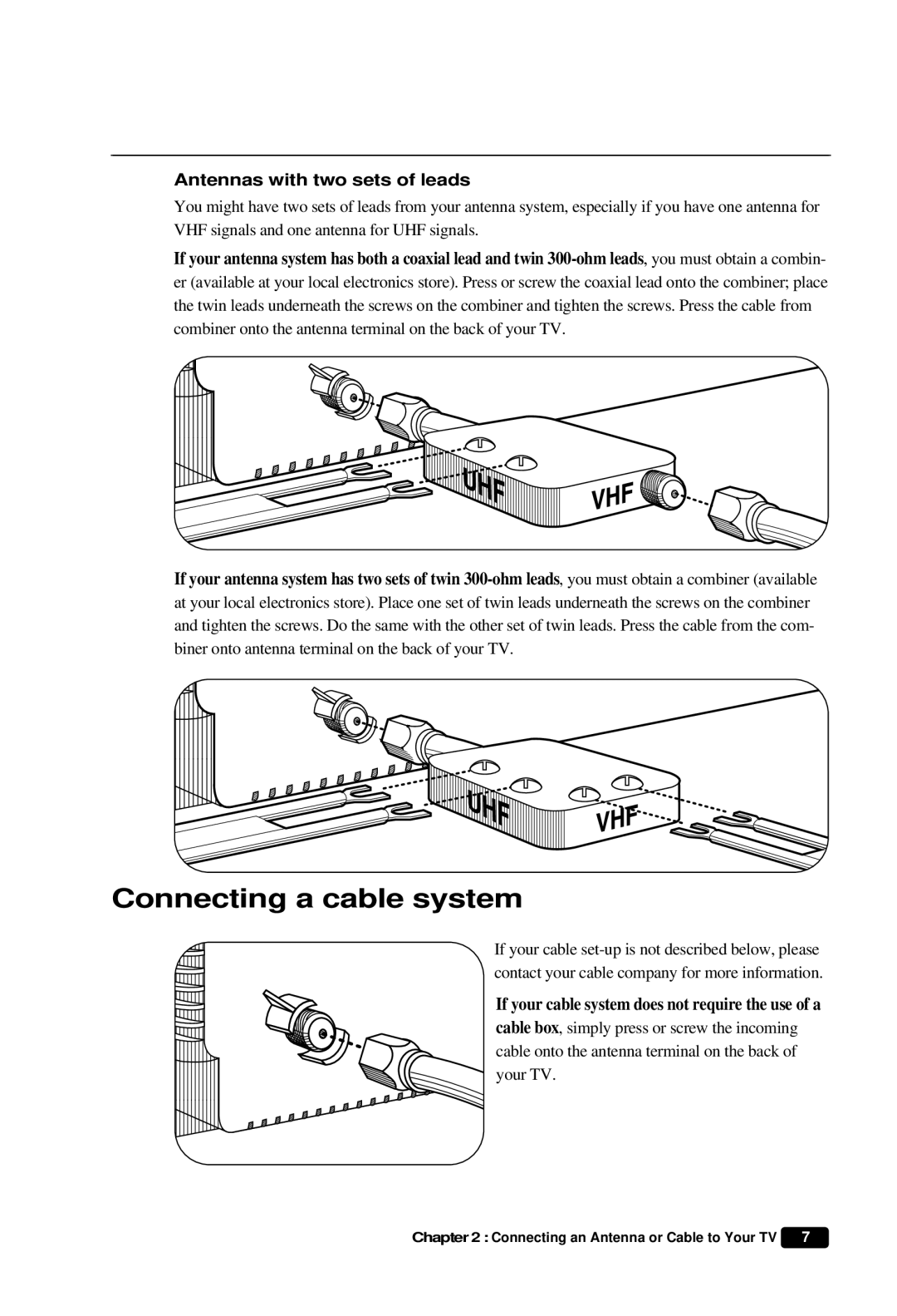 Daewoo DTQ 27S3FC, DTQ 27S4FC, DTQ 25S3FC instruction manual Connecting a cable system, Antennas with two sets of leads 