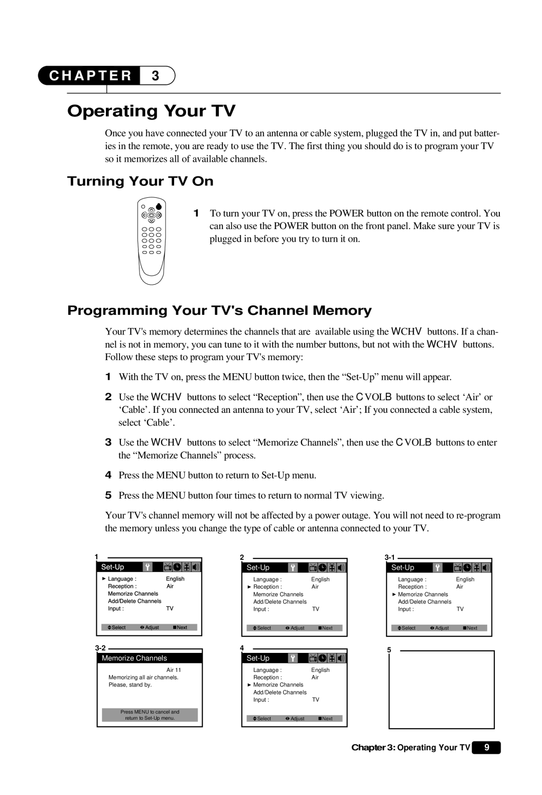 Daewoo DTQ 27S3FC, DTQ 27S4FC, DTQ 25S3FC Operating Your TV, Turning Your TV On, Programming Your TVs Channel Memory 