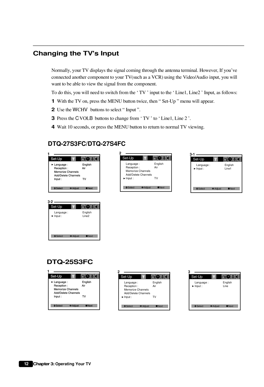 Daewoo DTQ 27S3FC, DTQ 27S4FC, DTQ 25S3FC instruction manual Changing the TVs Input, DTQ-27S3FC/DTQ-27S4FC 