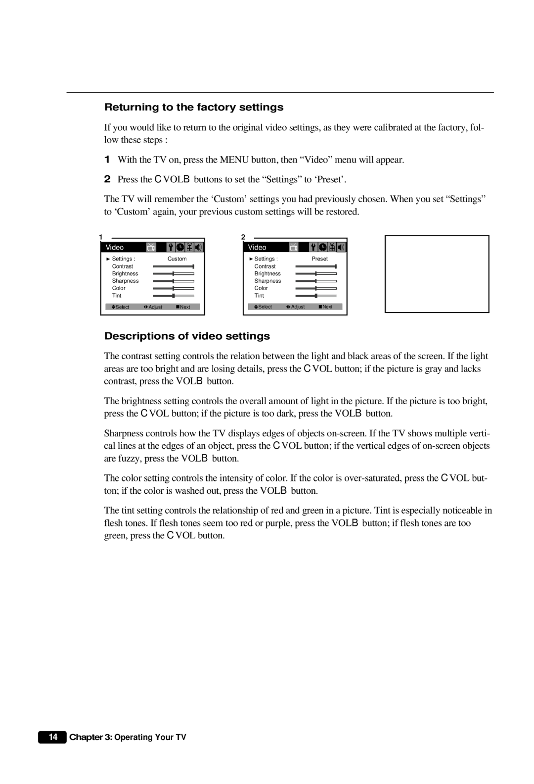 Daewoo DTQ 27S3FC, DTQ 27S4FC, DTQ 25S3FC Returning to the factory settings, Descriptions of video settings 