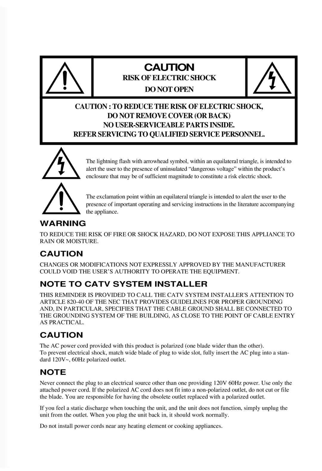 Daewoo DTQ 27S3FC, DTQ 27S4FC, DTQ 25S3FC instruction manual Risk of Electric Shock 