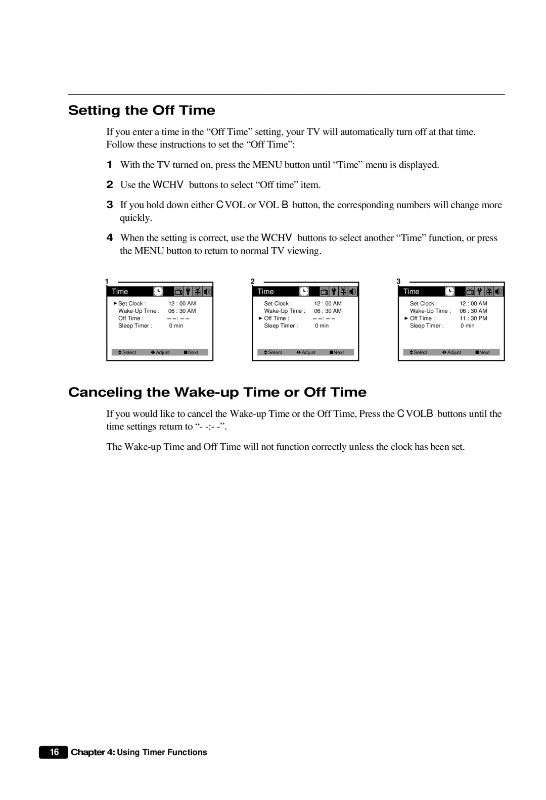 Daewoo DTQ 27S3FC, DTQ 27S4FC, DTQ 25S3FC Setting the Off Time, Canceling the Wake-up Time or Off Time 