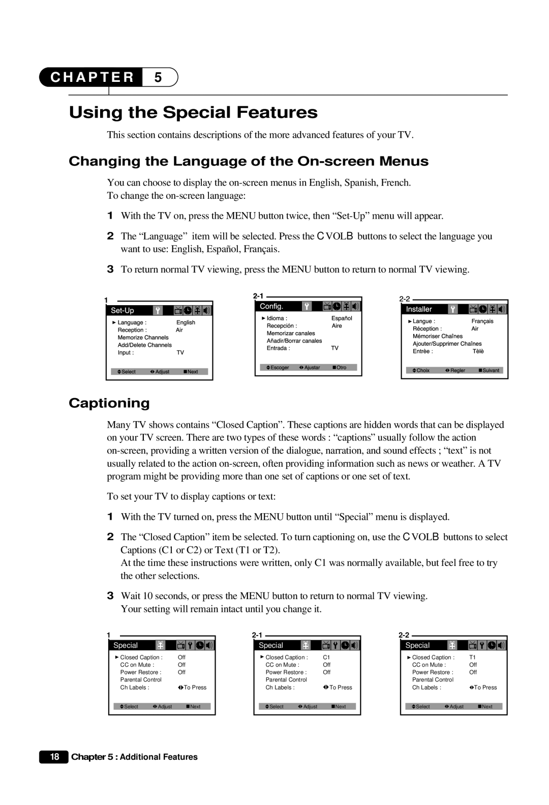 Daewoo DTQ 25S3FC instruction manual Using the Special Features, Changing the Language of the On-screen Menus, Captioning 