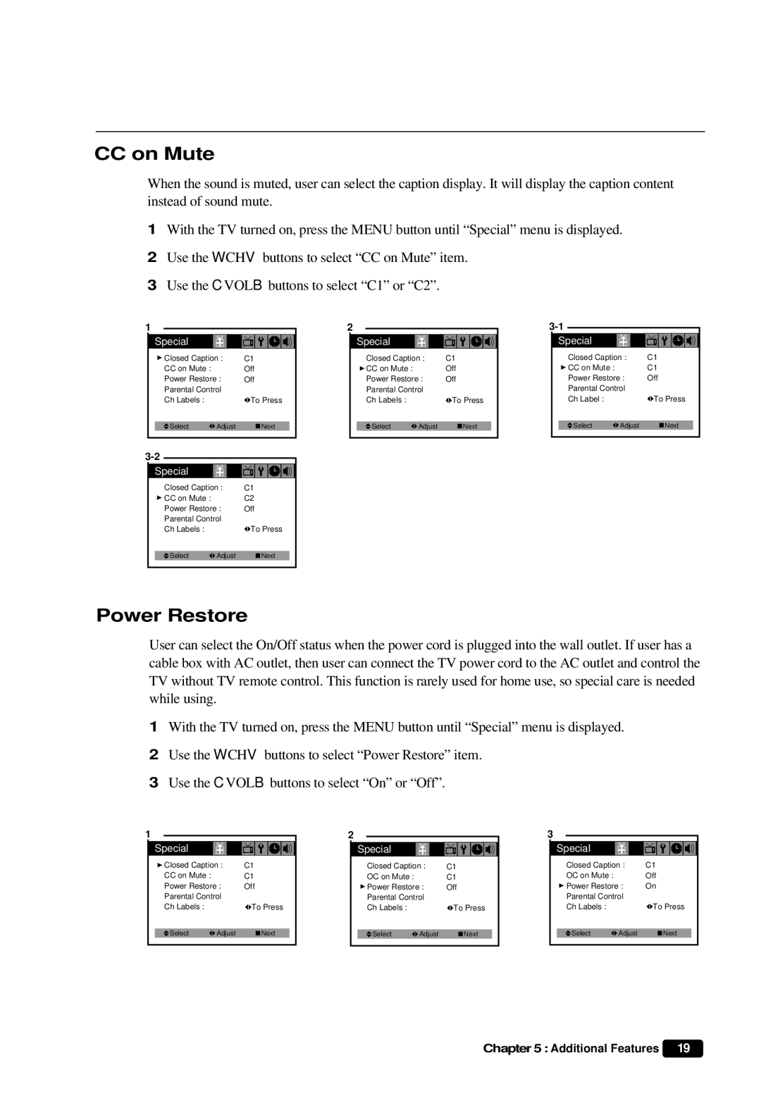 Daewoo DTQ 27S3FC, DTQ 27S4FC, DTQ 25S3FC instruction manual CC on Mute, Power Restore 