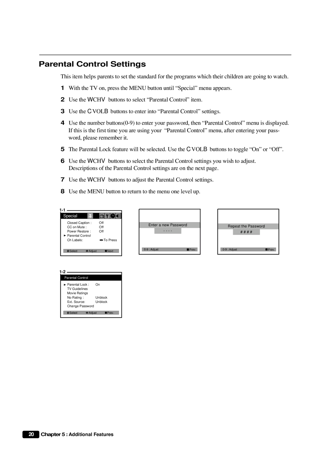 Daewoo DTQ 27S3FC, DTQ 27S4FC, DTQ 25S3FC instruction manual Parental Control Settings, Repeat the Password # # # # 