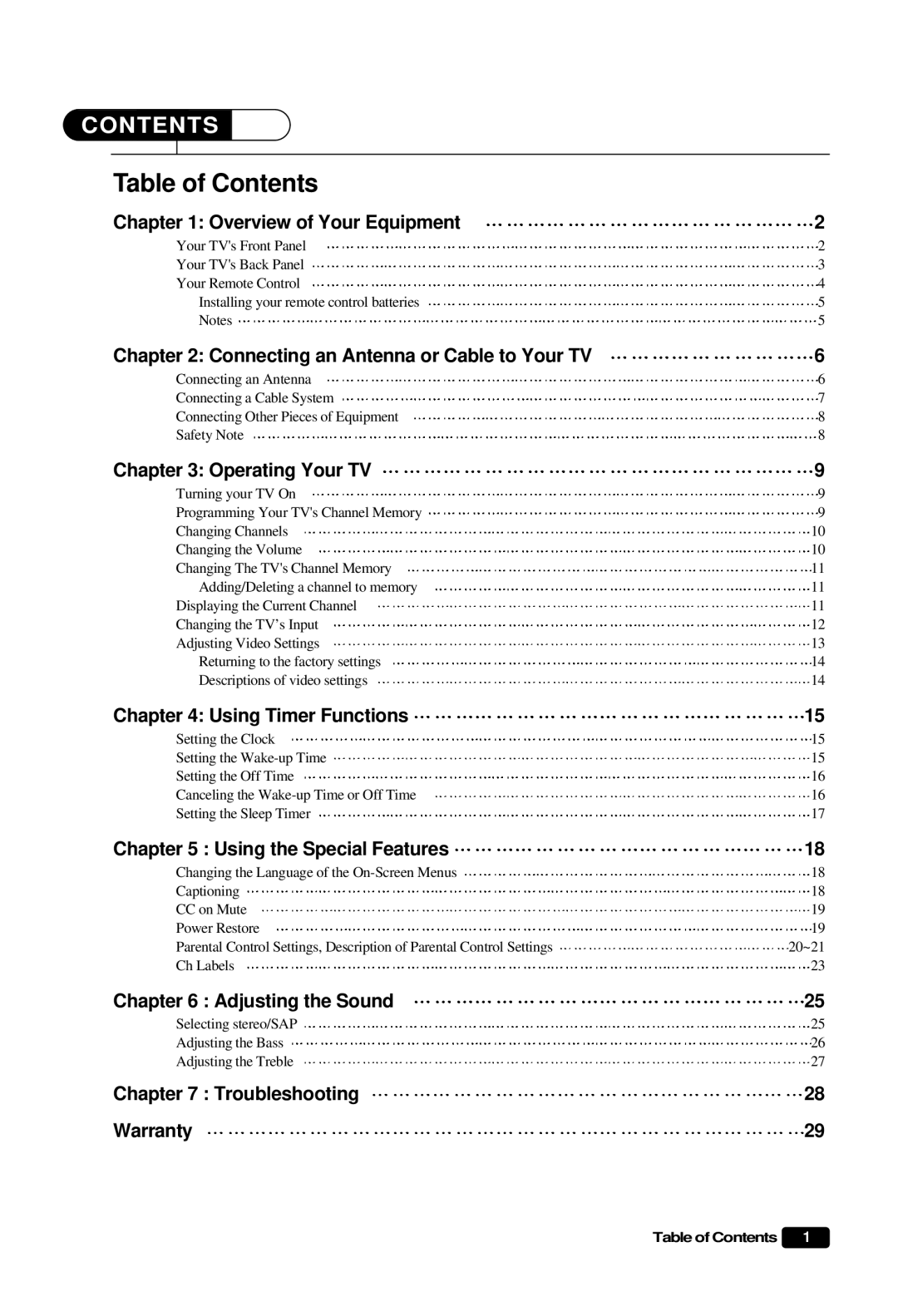 Daewoo DTQ 27S3FC, DTQ 27S4FC, DTQ 25S3FC instruction manual Table of Contents 