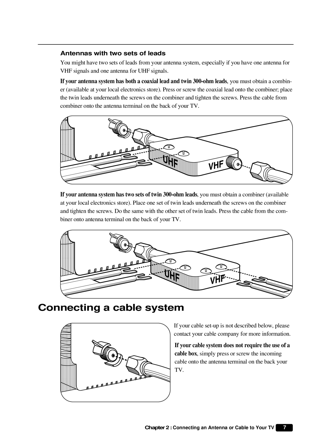 Daewoo DTQ 27S5FC, DTQ 25S5FC instruction manual Connecting a cable system, Antennas with two sets of leads 