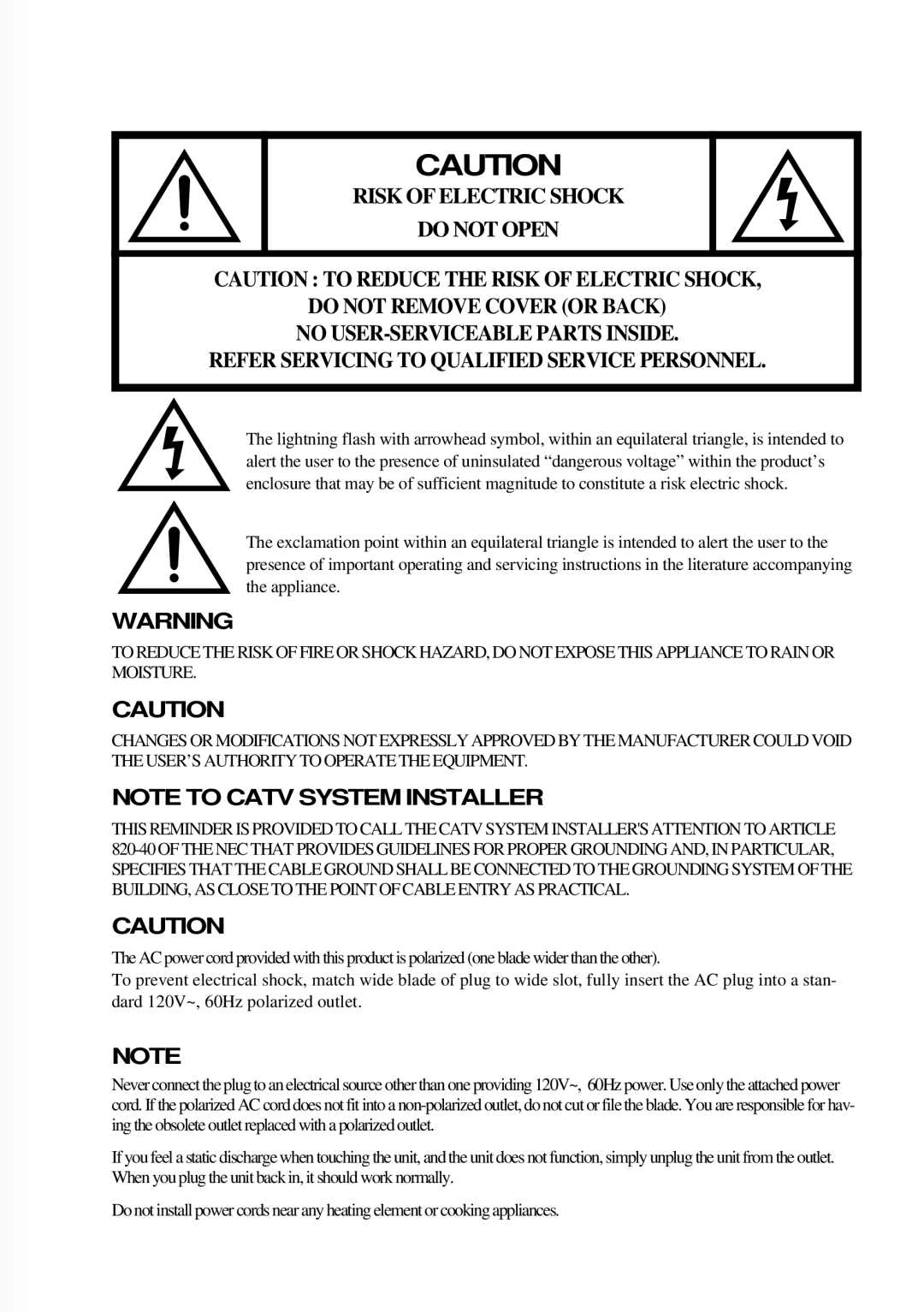 Daewoo DTQ 27S5FC, DTQ 25S5FC instruction manual Risk of Electric Shock 