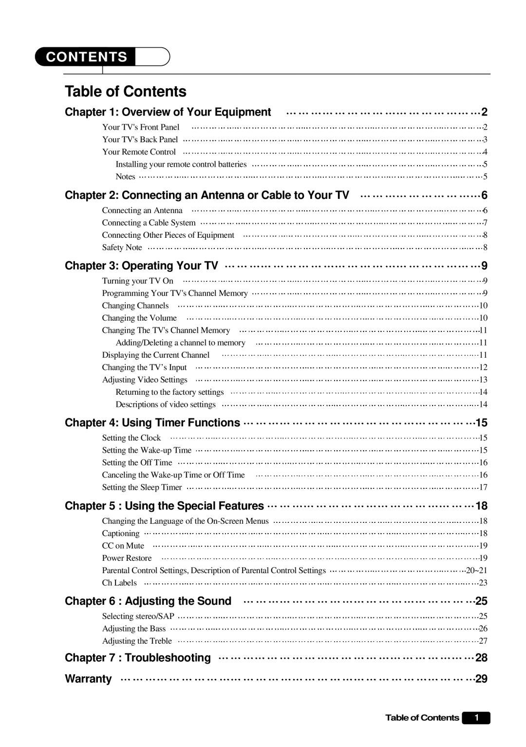 Daewoo DTQ 27S5FC, DTQ 25S5FC instruction manual Table of Contents 