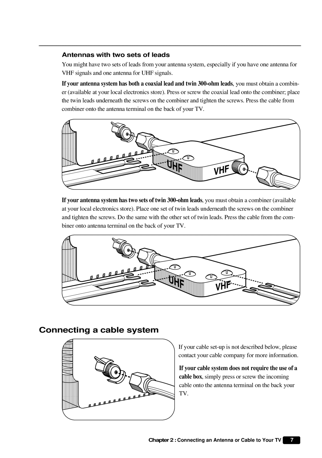 Daewoo DTQ 27U4SC, DTQ 20U4SC instruction manual Connecting a cable system, Antennas with two sets of leads 