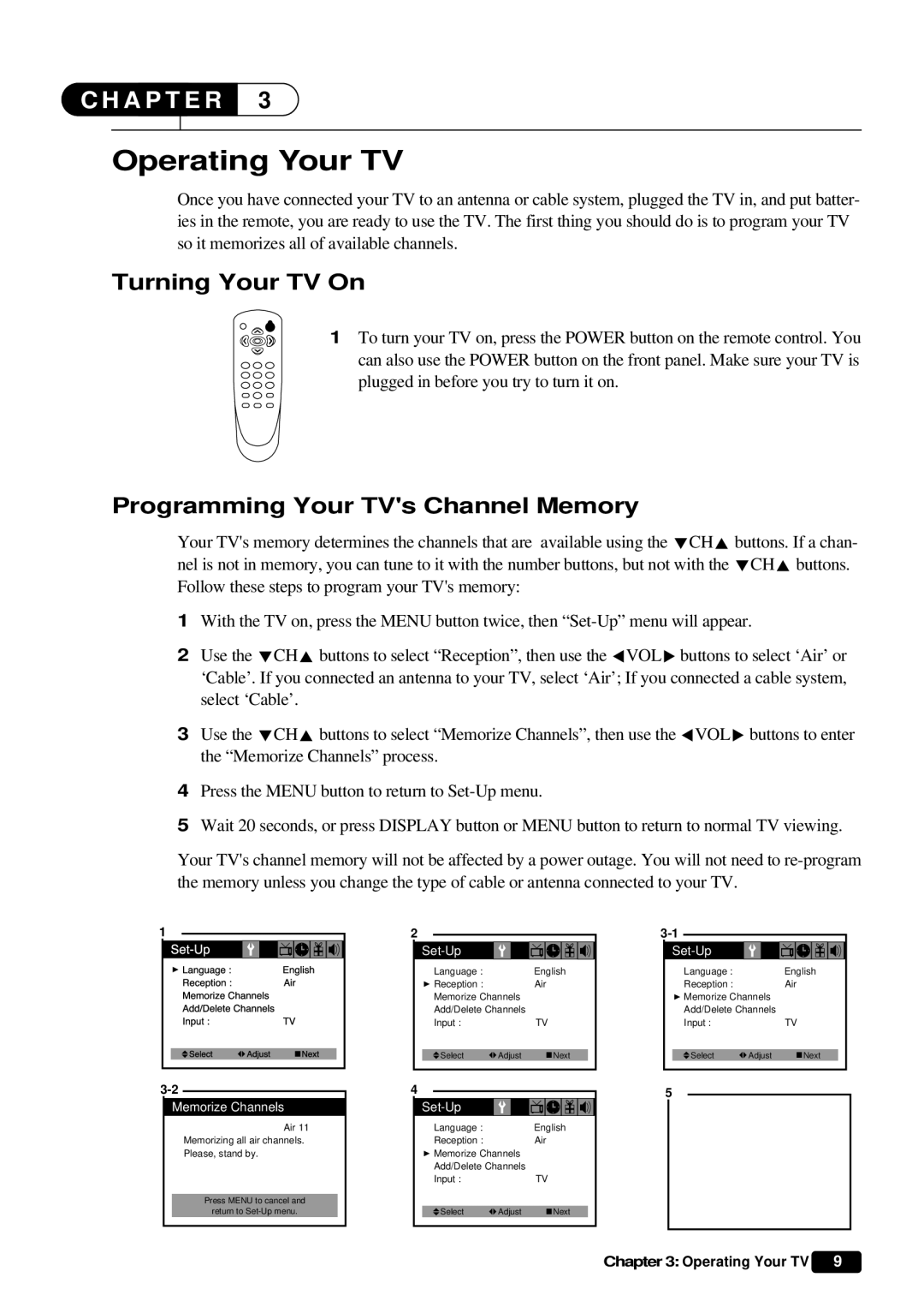 Daewoo DTQ 27U4SC Operating Your TV, Turning Your TV On, Programming Your TVs Channel Memory, Set-Up, Memorize Channels 