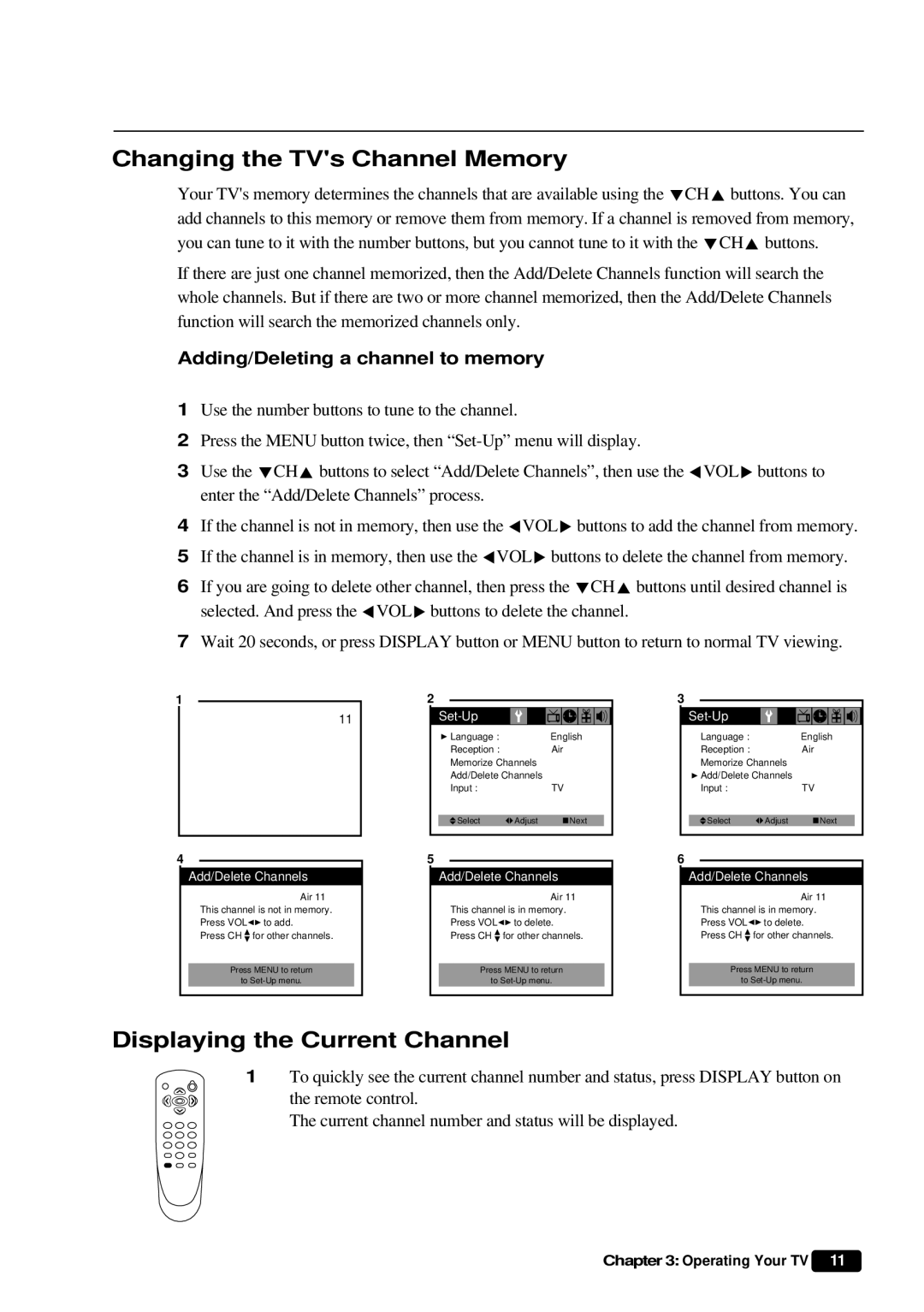 Daewoo DTQ 27U4SC Changing the TVs Channel Memory, Displaying the Current Channel, Adding/Deleting a channel to memory 