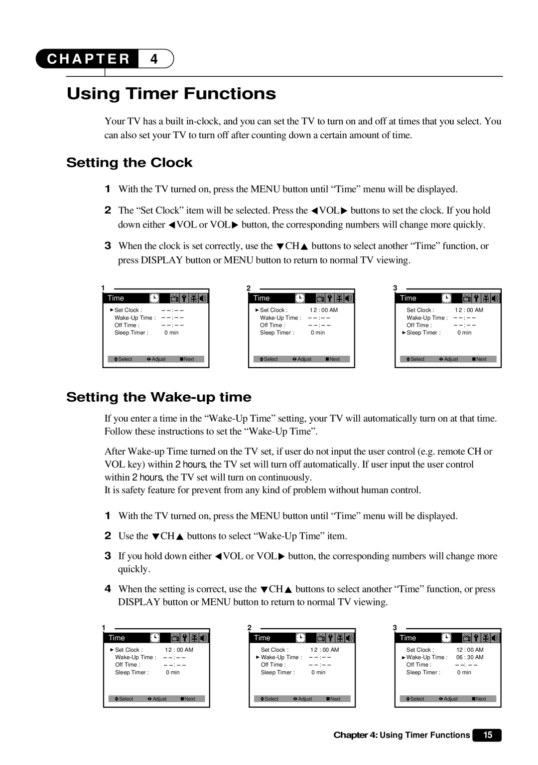 Daewoo DTQ 27U4SC, DTQ 20U4SC instruction manual Using Timer Functions, Setting the Clock, Setting the Wake-up time 