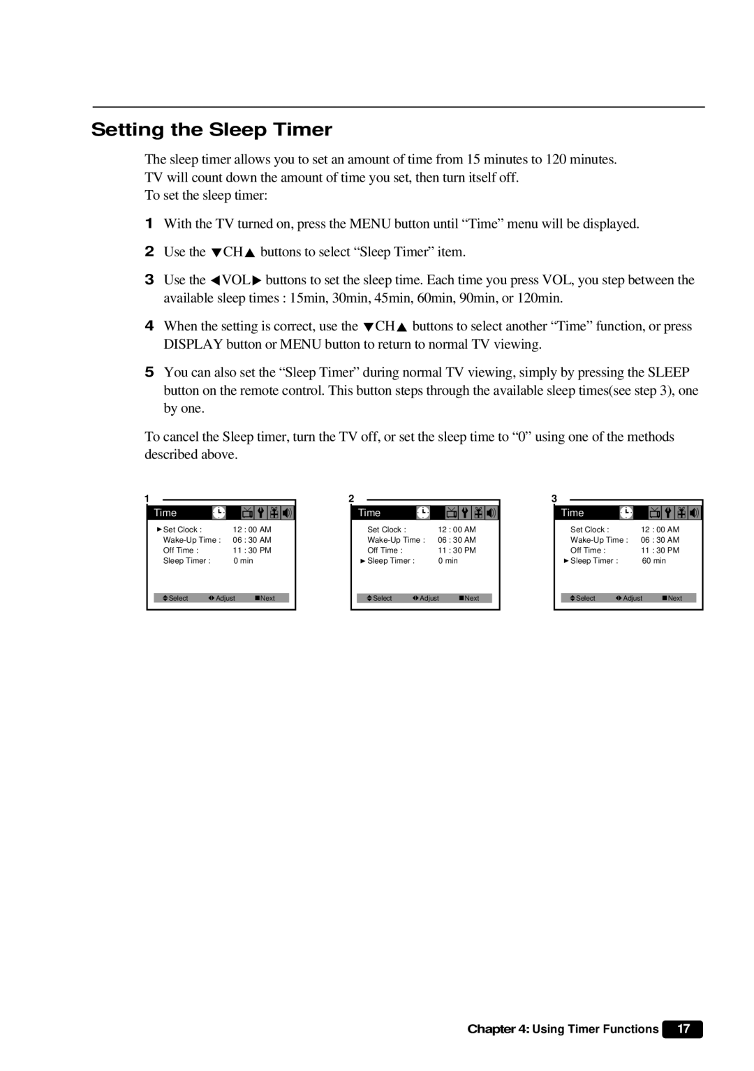 Daewoo DTQ 27U4SC, DTQ 20U4SC instruction manual Setting the Sleep Timer 