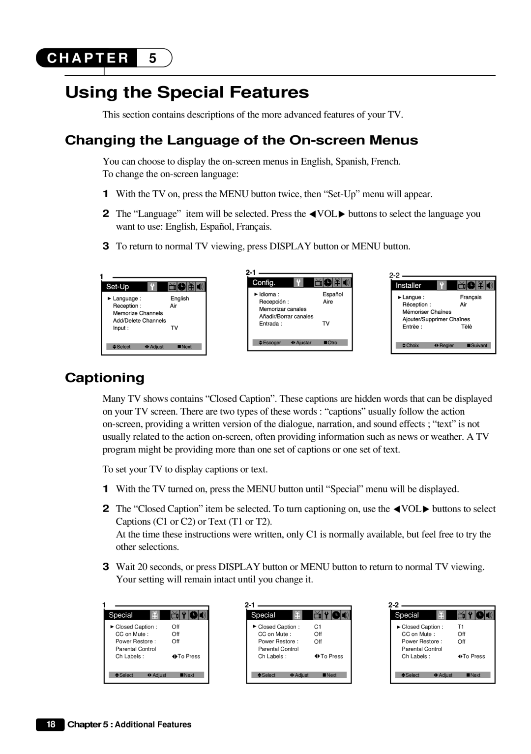 Daewoo DTQ 20U4SC, DTQ 27U4SC Using the Special Features, Changing the Language of the On-screen Menus, Captioning 