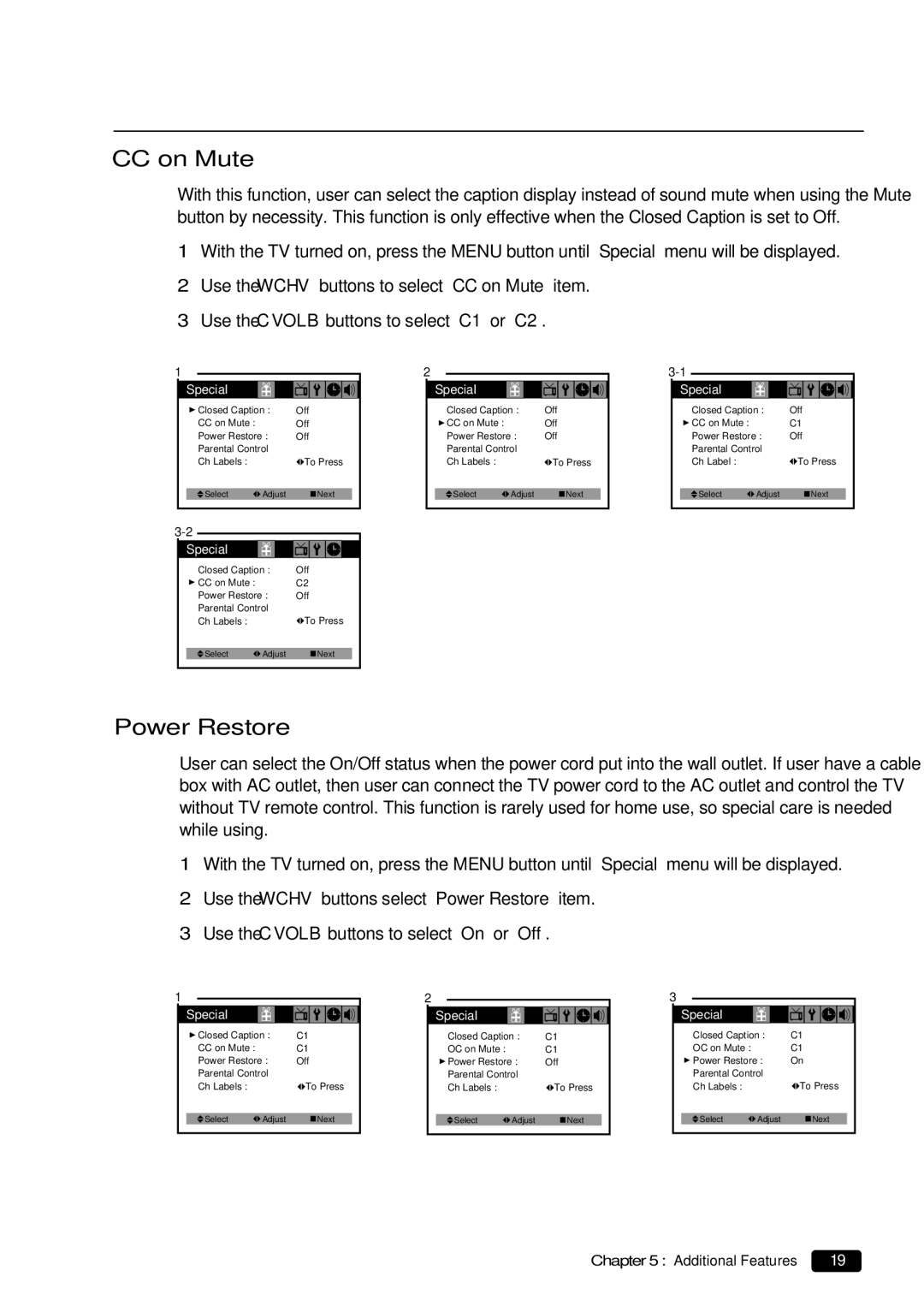 Daewoo DTQ 27U4SC, DTQ 20U4SC instruction manual CC on Mute, Power Restore 