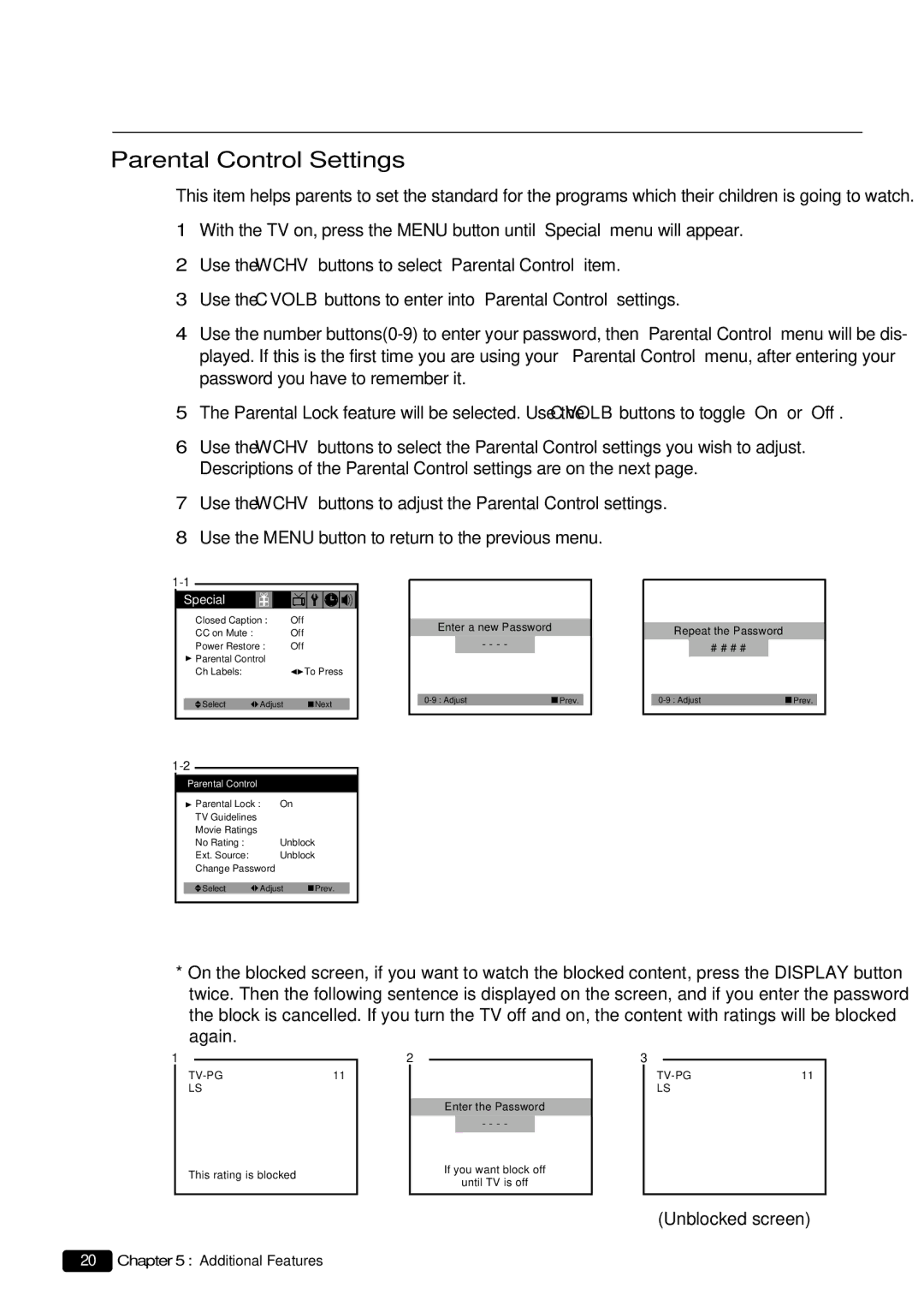 Daewoo DTQ 20U4SC, DTQ 27U4SC instruction manual Parental Control Settings, Repeat the Password # # # # 