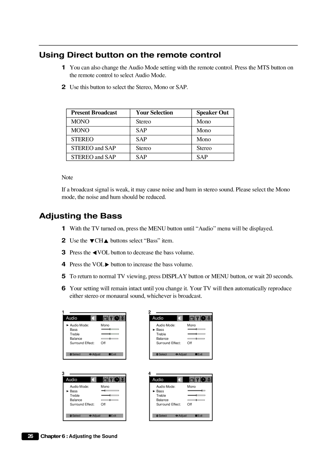 Daewoo DTQ 20U4SC, DTQ 27U4SC instruction manual Using Direct button on the remote control, Adjusting the Bass 