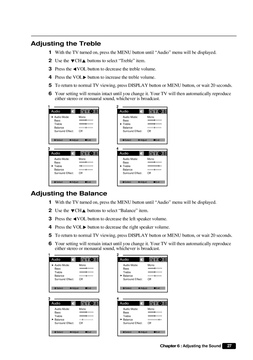 Daewoo DTQ 27U4SC, DTQ 20U4SC instruction manual Adjusting the Treble, Adjusting the Balance 