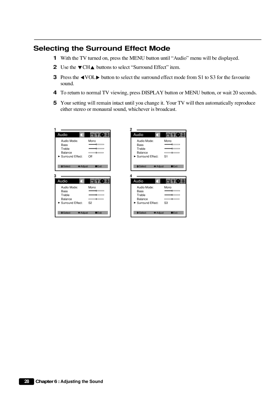 Daewoo DTQ 20U4SC, DTQ 27U4SC instruction manual Selecting the Surround Effect Mode 