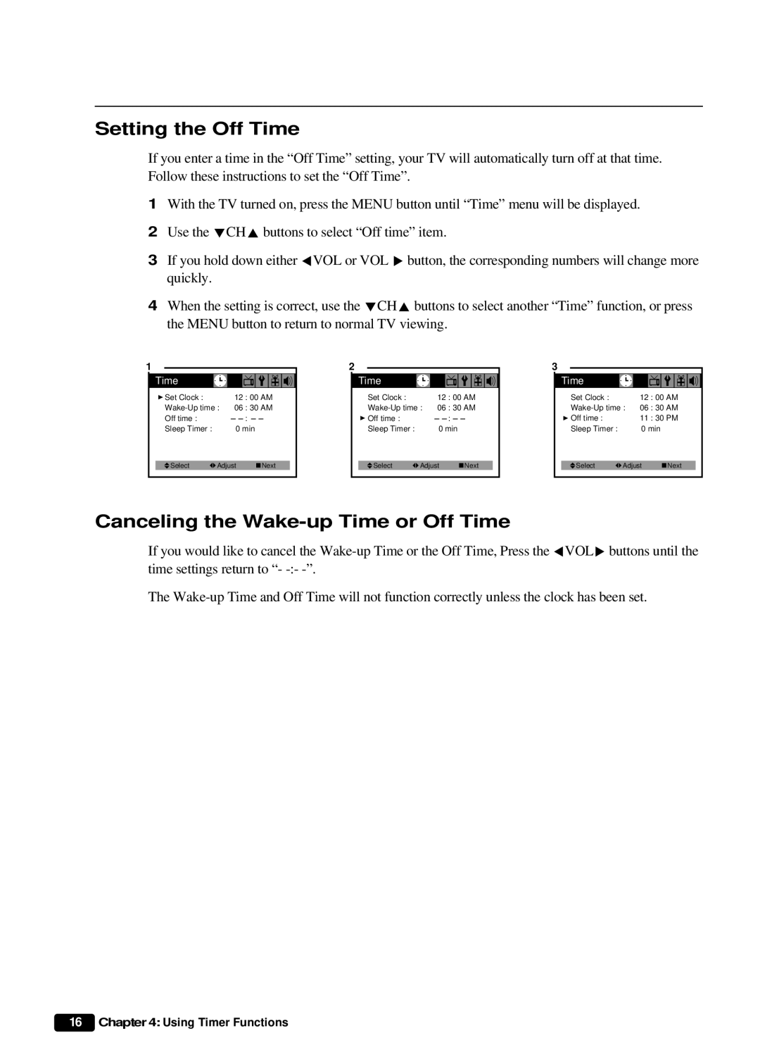 Daewoo DTQ 27U8SC instruction manual Setting the Off Time, Canceling the Wake-up Time or Off Time 