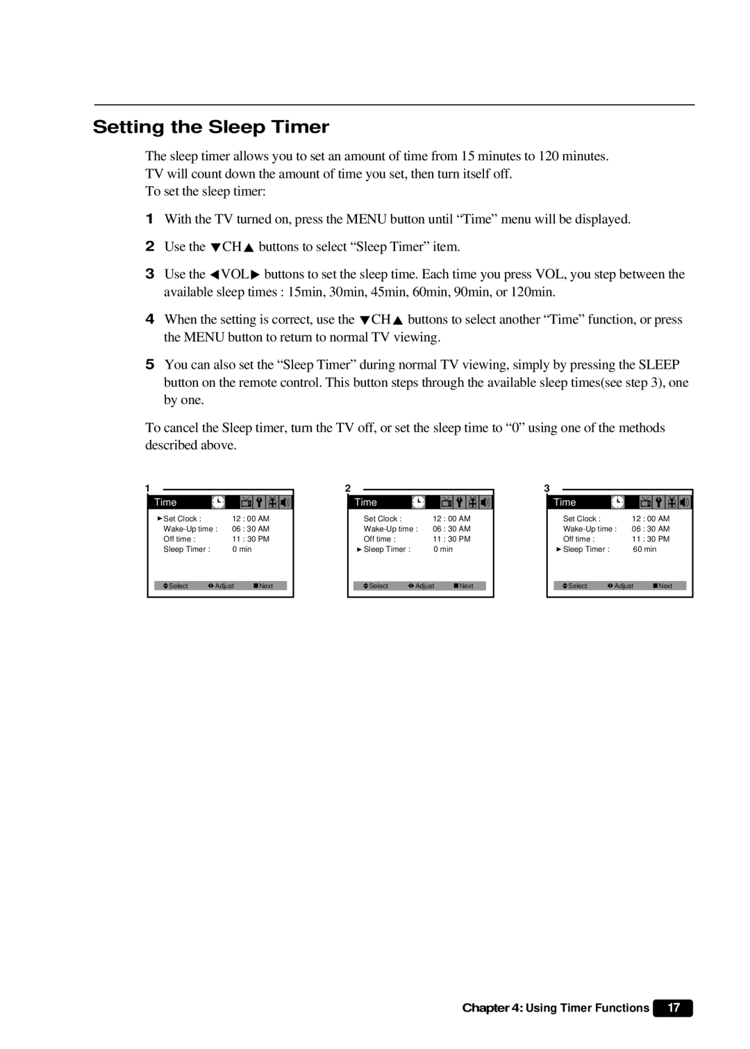 Daewoo DTQ 27U8SC instruction manual Setting the Sleep Timer 