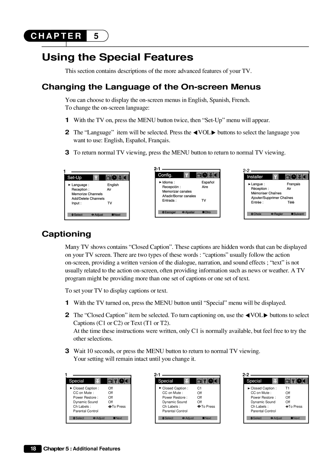 Daewoo DTQ 27U8SC instruction manual Using the Special Features, Changing the Language of the On-screen Menus, Captioning 