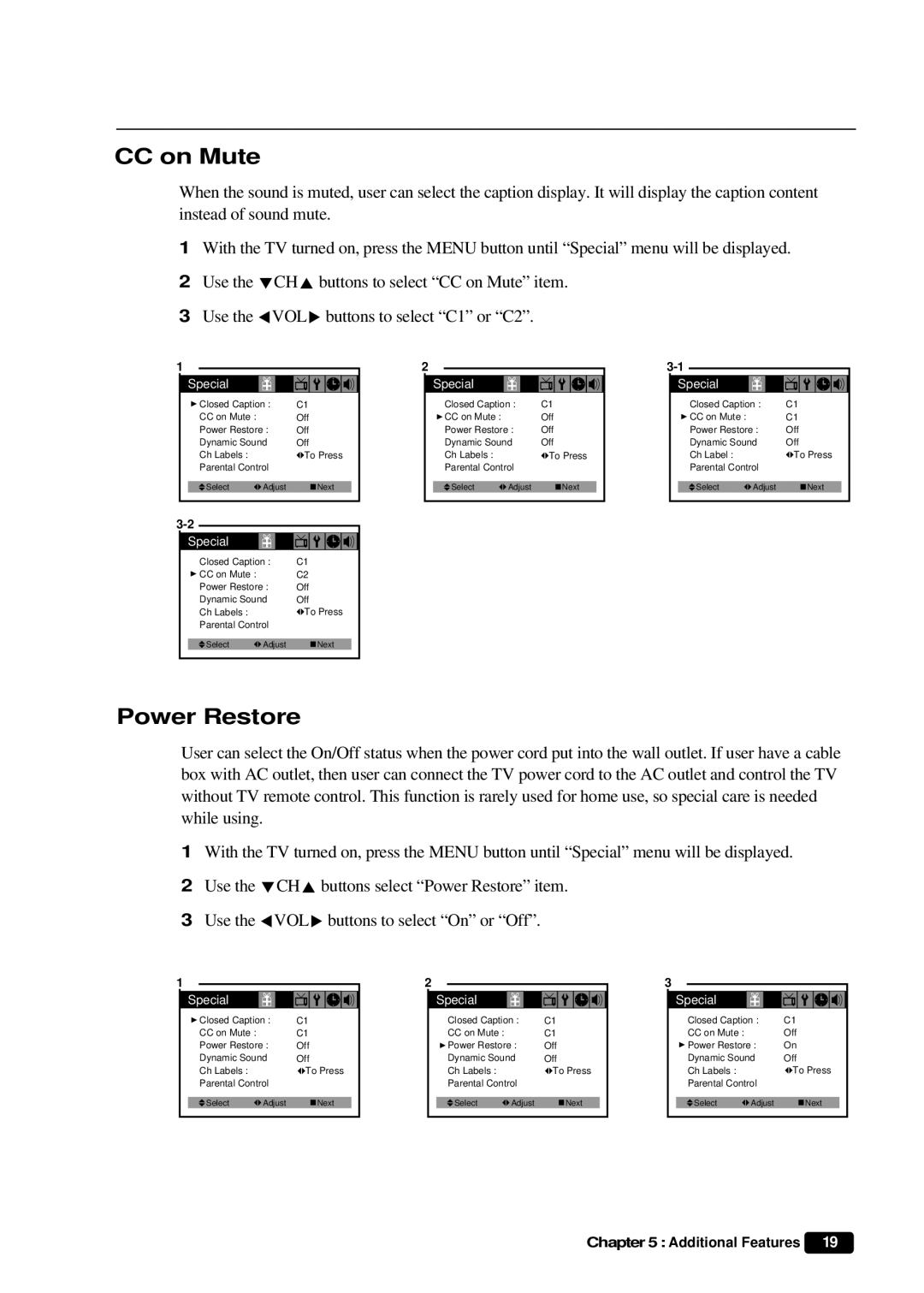 Daewoo DTQ 27U8SC instruction manual CC on Mute, Power Restore 