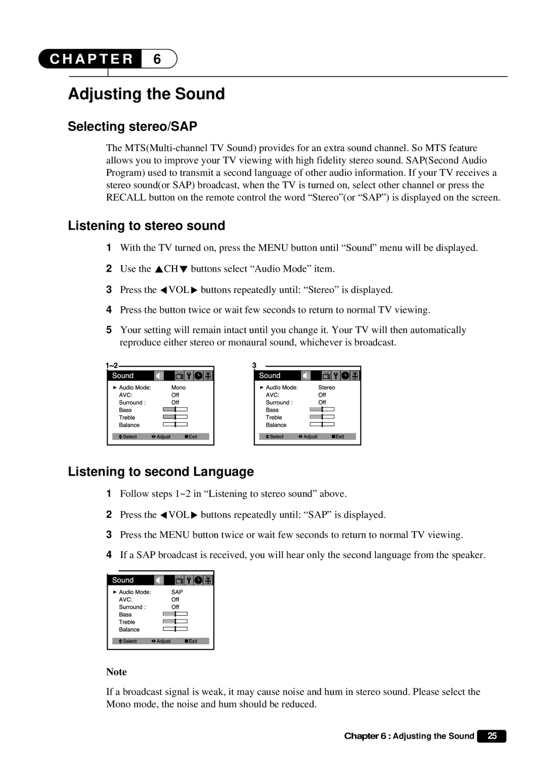 Daewoo DTQ 27U8SC Adjusting the Sound, Selecting stereo/SAP, Listening to stereo sound, Listening to second Language 