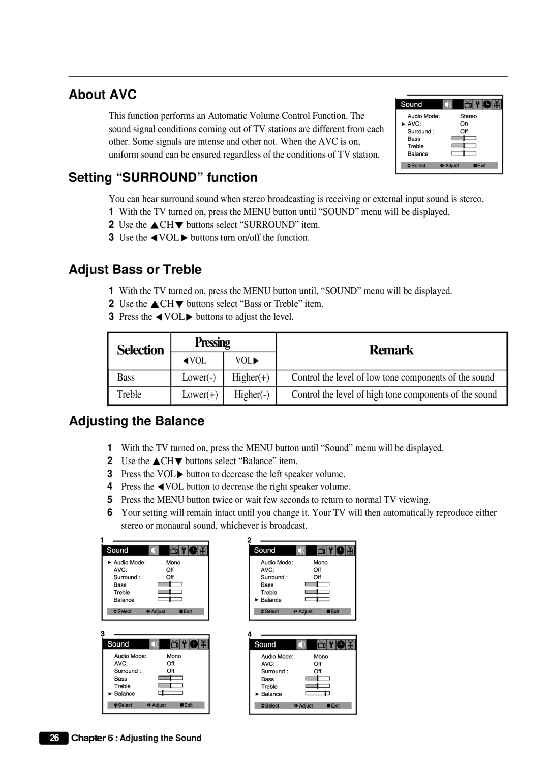 Daewoo DTQ 27U8SC instruction manual About AVC, Setting Surround function, Adjust Bass or Treble, Adjusting the Balance 